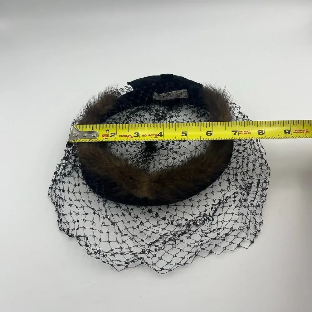 Women's Vintage Fascinator Hat Black Fur Trimmed Front Veil 1940's Era - Picture 7 of 8
